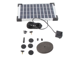Bomba de agua solar con 6 boquillas, altura máxima de 180 cm, profundidad de 75 cm, eficiente para fuentes y depósitos.