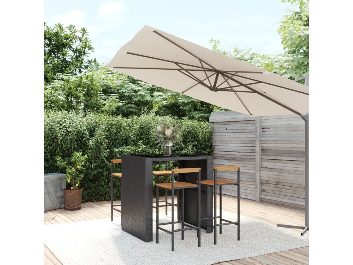 Juego de bar de jardín de 5 piezas en mimbre macizo de acacia, negro, DKD Home Decor