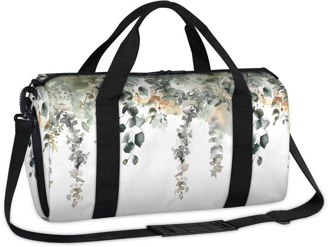 Bolsa deportiva con estampado de acuarela de flores de salvia y eucalipto, 45 x 21,5 x 23 cm, tejido de poliéster.