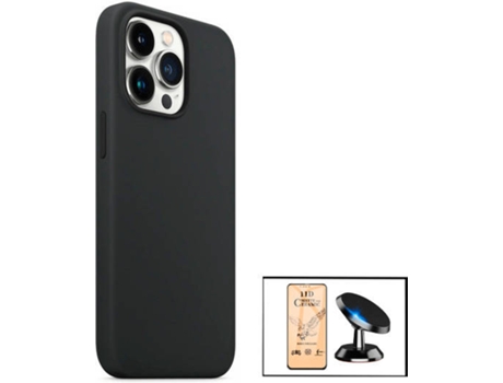 Kit Cristal Templado CeramicGlass Full Cover, Funda Silicona Liquida y Soporte Magnético de Coche Apple iPhone 13 Pro PHONECARE Negro