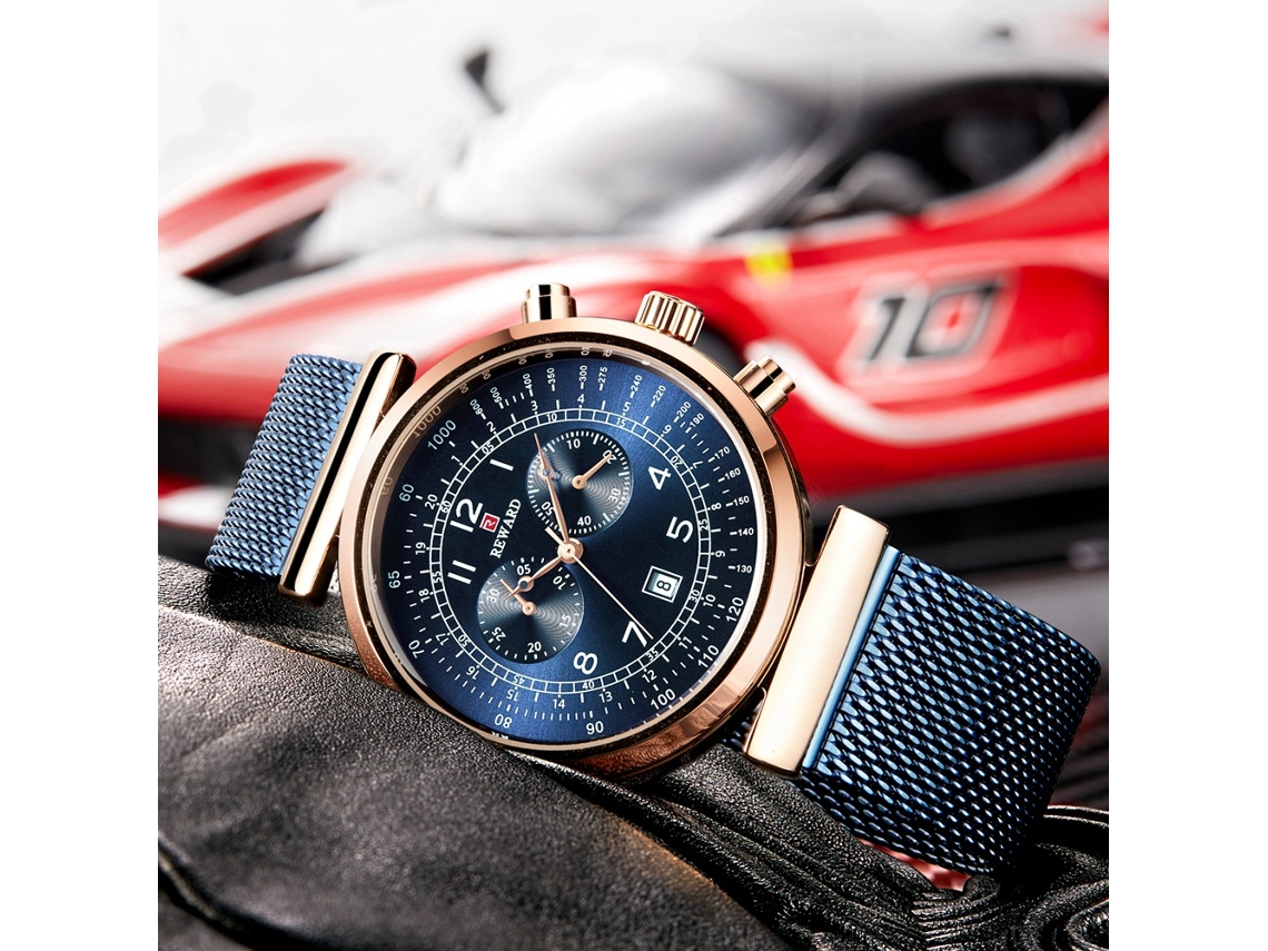 Relógio De Quarzo Masculino Com Pulsera De Malla De Aço Estilo Casual Empresarial (ouro Rosa + Azul)