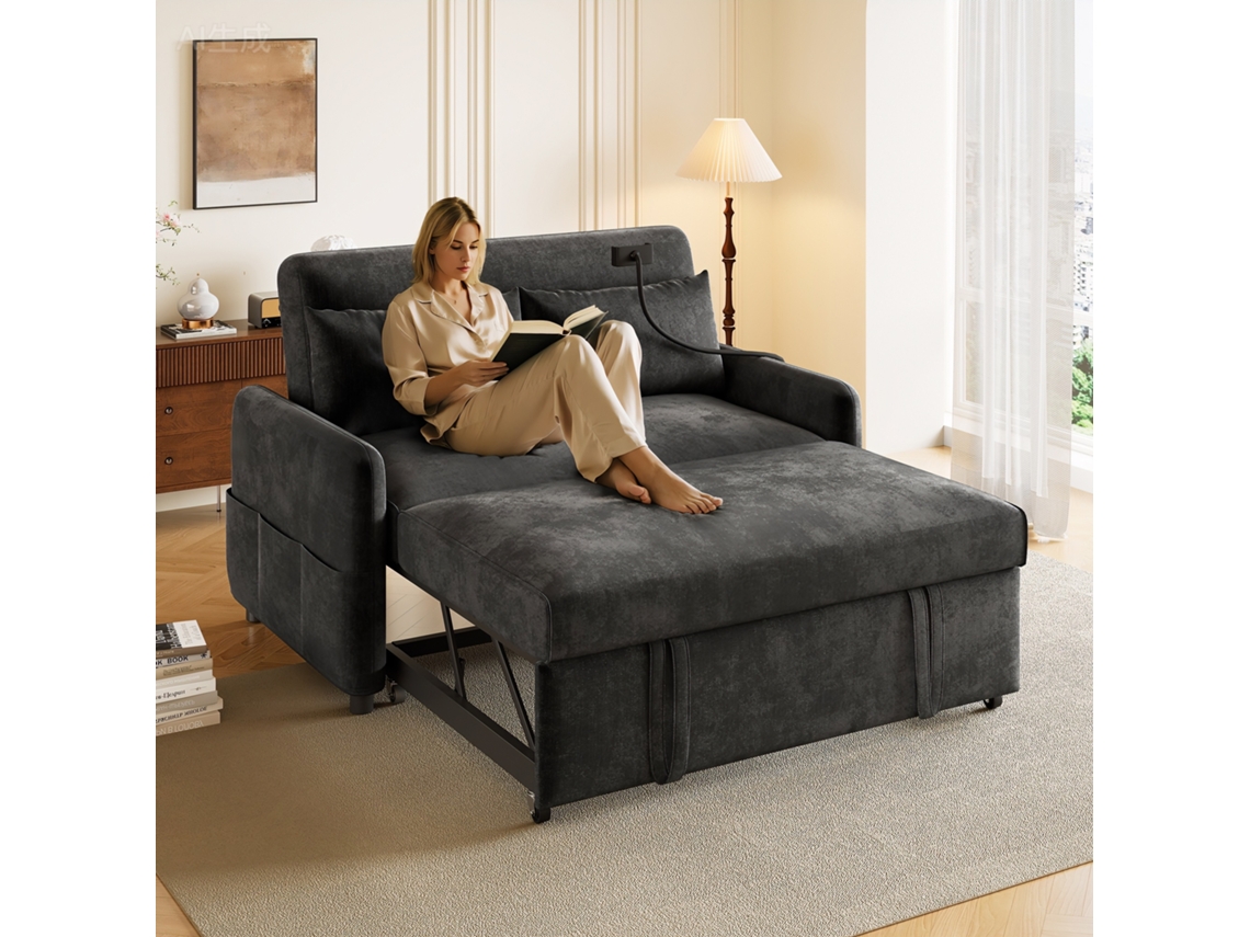 Sofá cama doble moderno con puerto de carga USB, soporte para teléfono móvil y diseño reclinable para sala de estar o dormitorio.