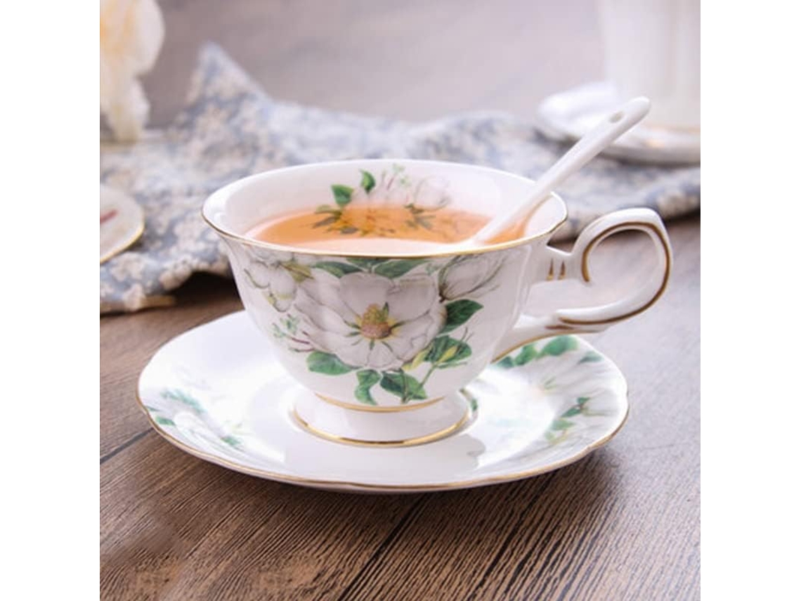 Juego de taza y platillo de cerámica con flores, 210 ml, sin marca.