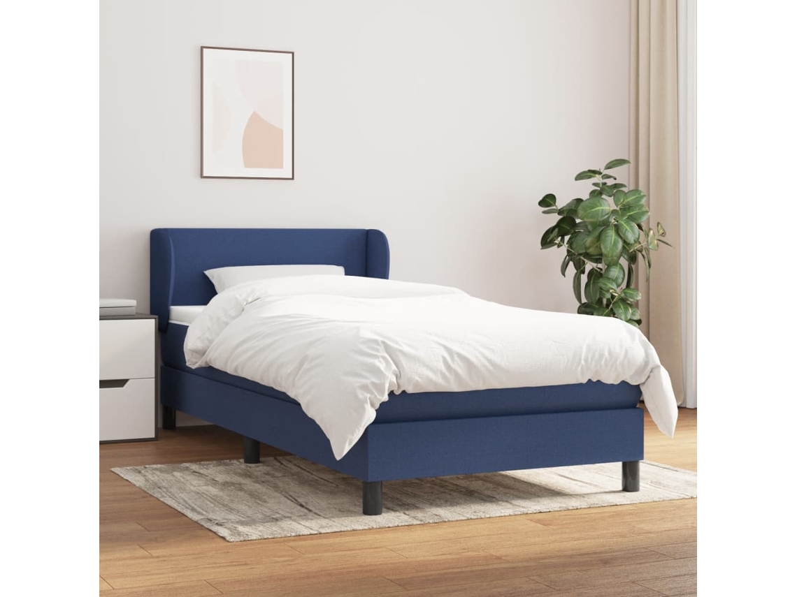 Cama Box Spring Con Colchón Tela Azul 90x190 Cm