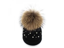 2026-gorro De Lana Para Mujer Con Pompon De Piel Natural Y Perlas Moda Invierno Negro