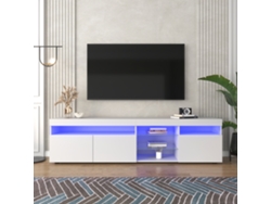 Mueble TV moderno de 180 cm con LED, 3 puertas y 5 compartimentos abiertos, blanco Mobrio