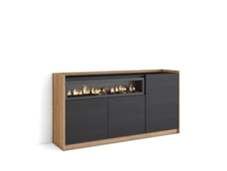 Aparador de comedor, 156x37x80cm, 3 puertas, chimenea eléctrica, negro y roble.