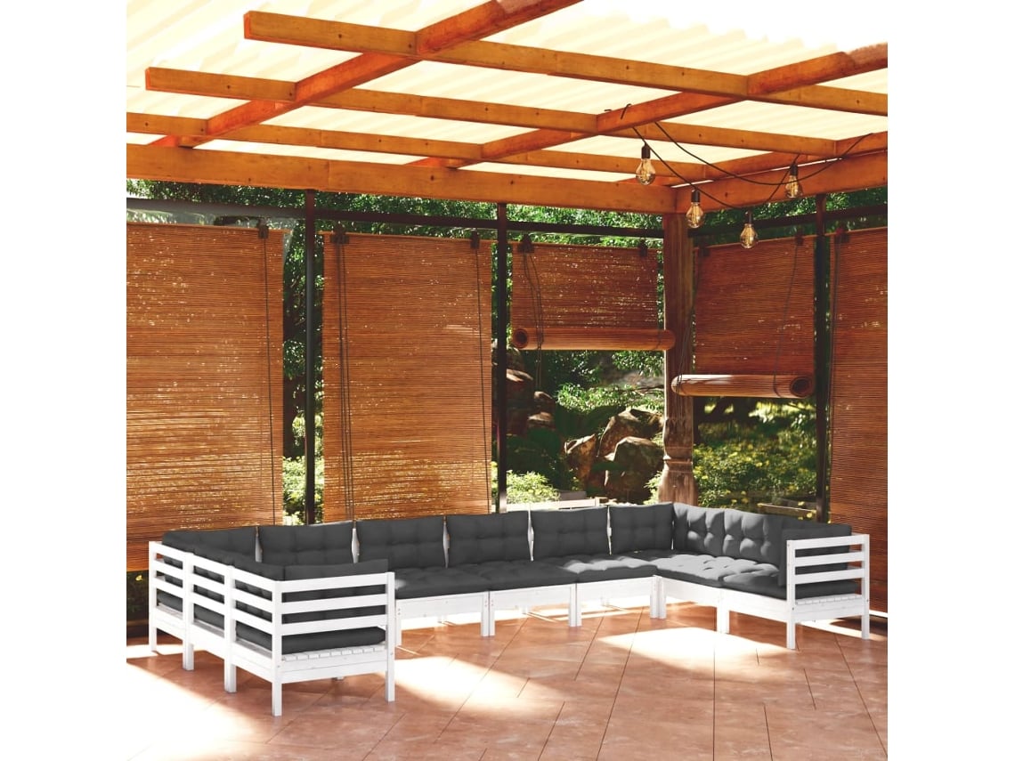 Conjunto Jardim Lounge 10 Pcs C/ Almofadões Pinho Branco Dkd Home Decor