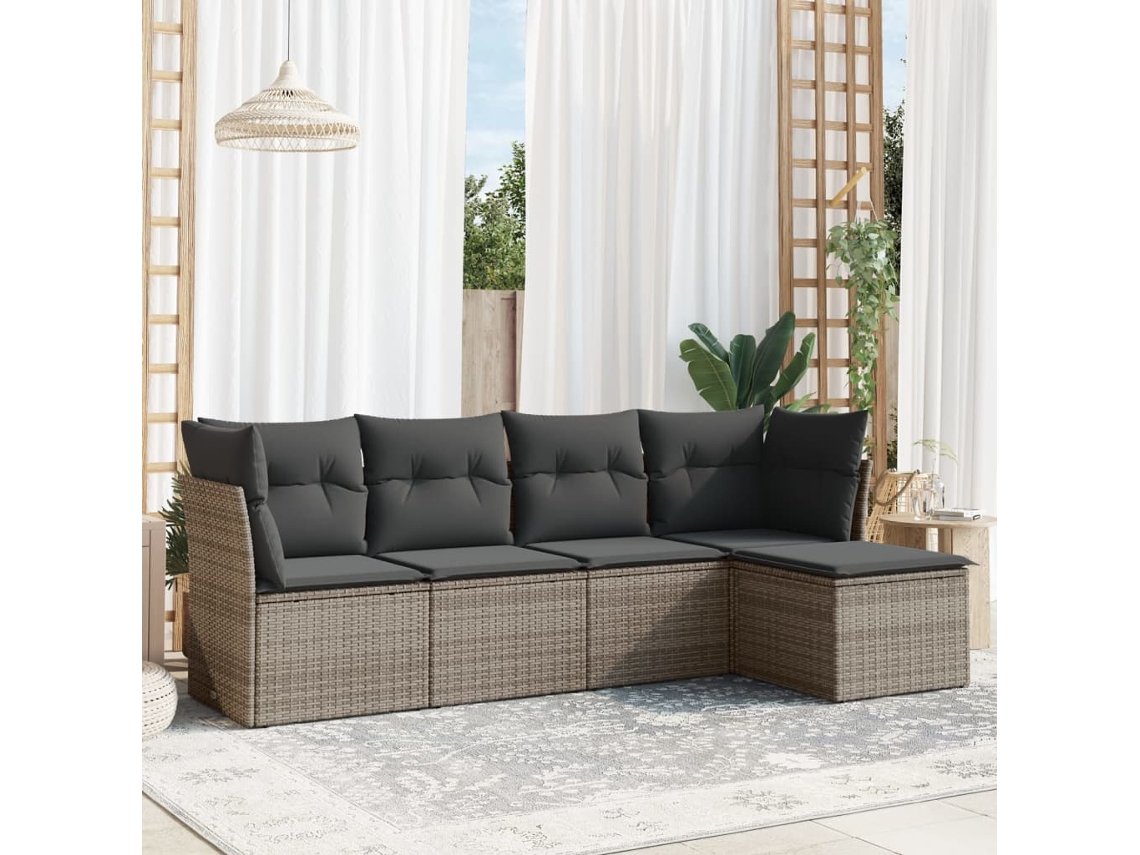 Conjunto de sofá de jardín de 5 piezas con cojines, ratán gris, DKD Home Decor