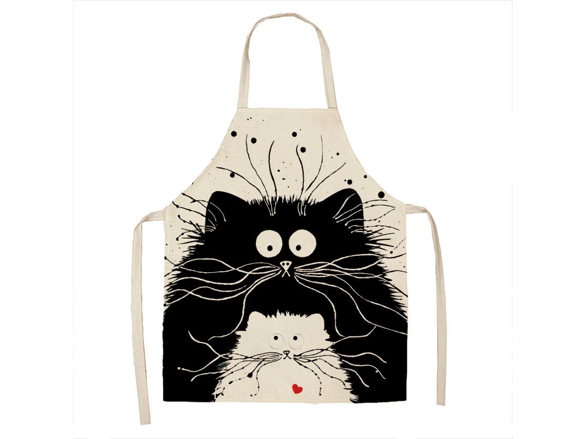Delantal de lino con estampado de gatos, sin mangas y con tirantes en el cuello, beige Tommy01