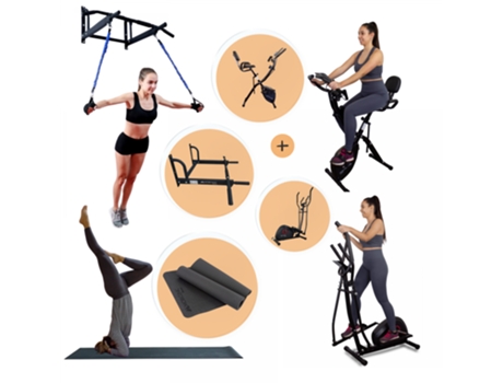 Pack Minigimnasio en casa Esterilla de yoga Barra de dominadas para la pared Bicicleta estática Elíptica MOBICLINIC