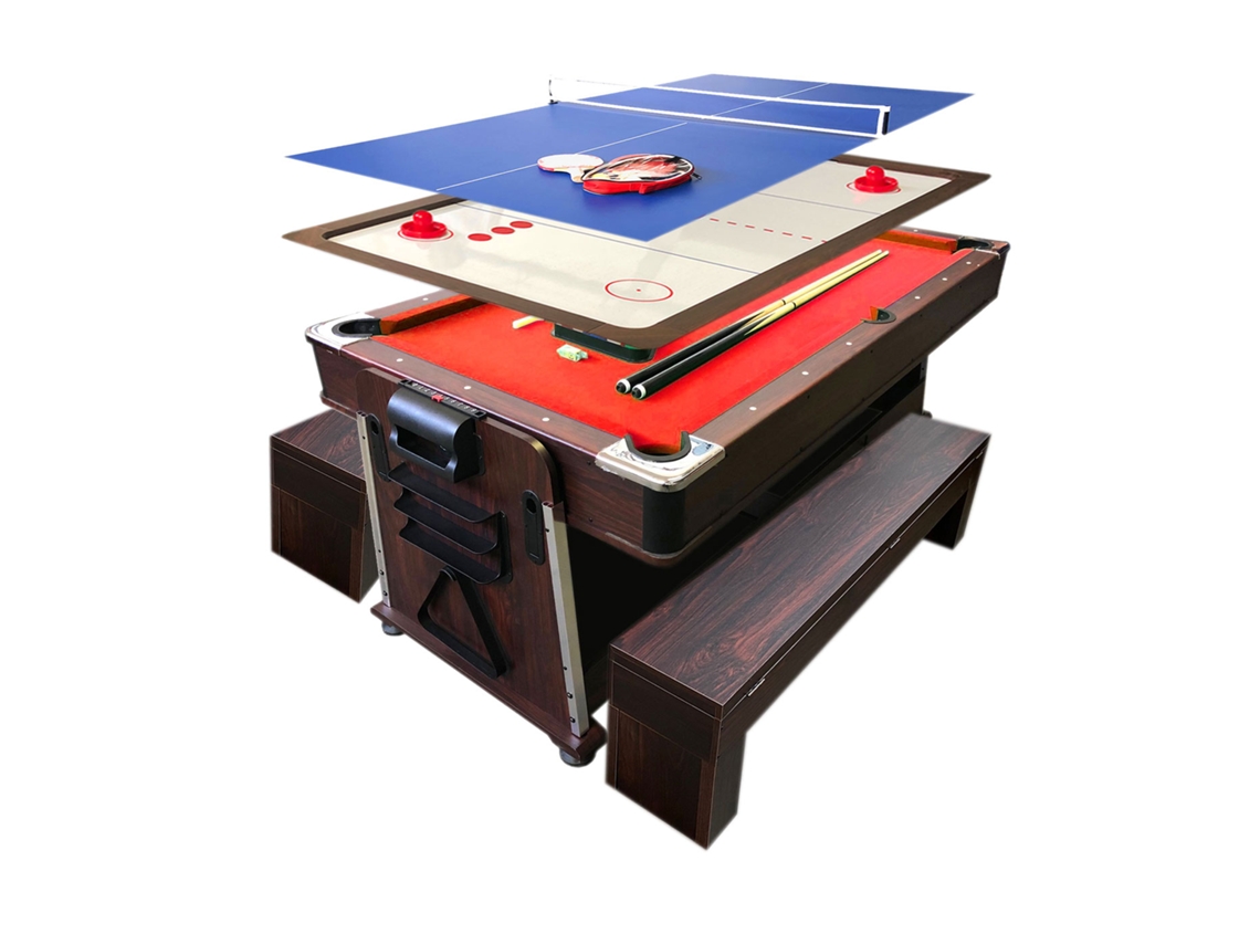 Mesa de Billar 7 Pies Multijuego Rojo Air Hockey + Ping Pong - Stark con Bancos