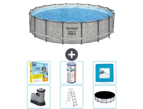 Piscina BESTWAY Round Steel Pro MAX - Estampado Piedra - 549 x 122 - Incluye Bomba - Escalera - Cobertor Paquete de mantenimiento - Filtrar - Baldosas
