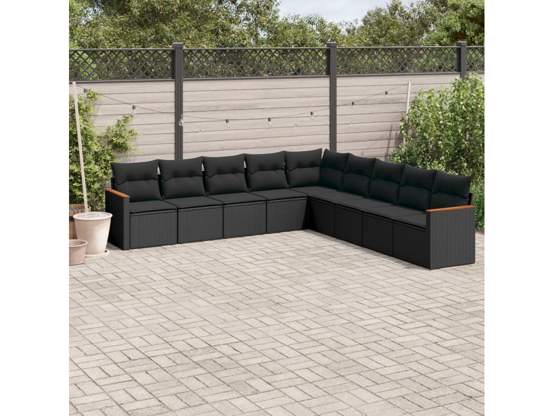 Conjunto de sofá de jardín de 9 piezas con cojines, ratán negro, Dkd Home Decor