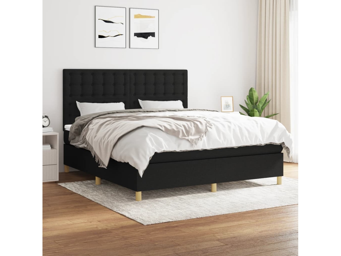 Cama Box Spring Con Colchón Tela Negro 160x200 Cm