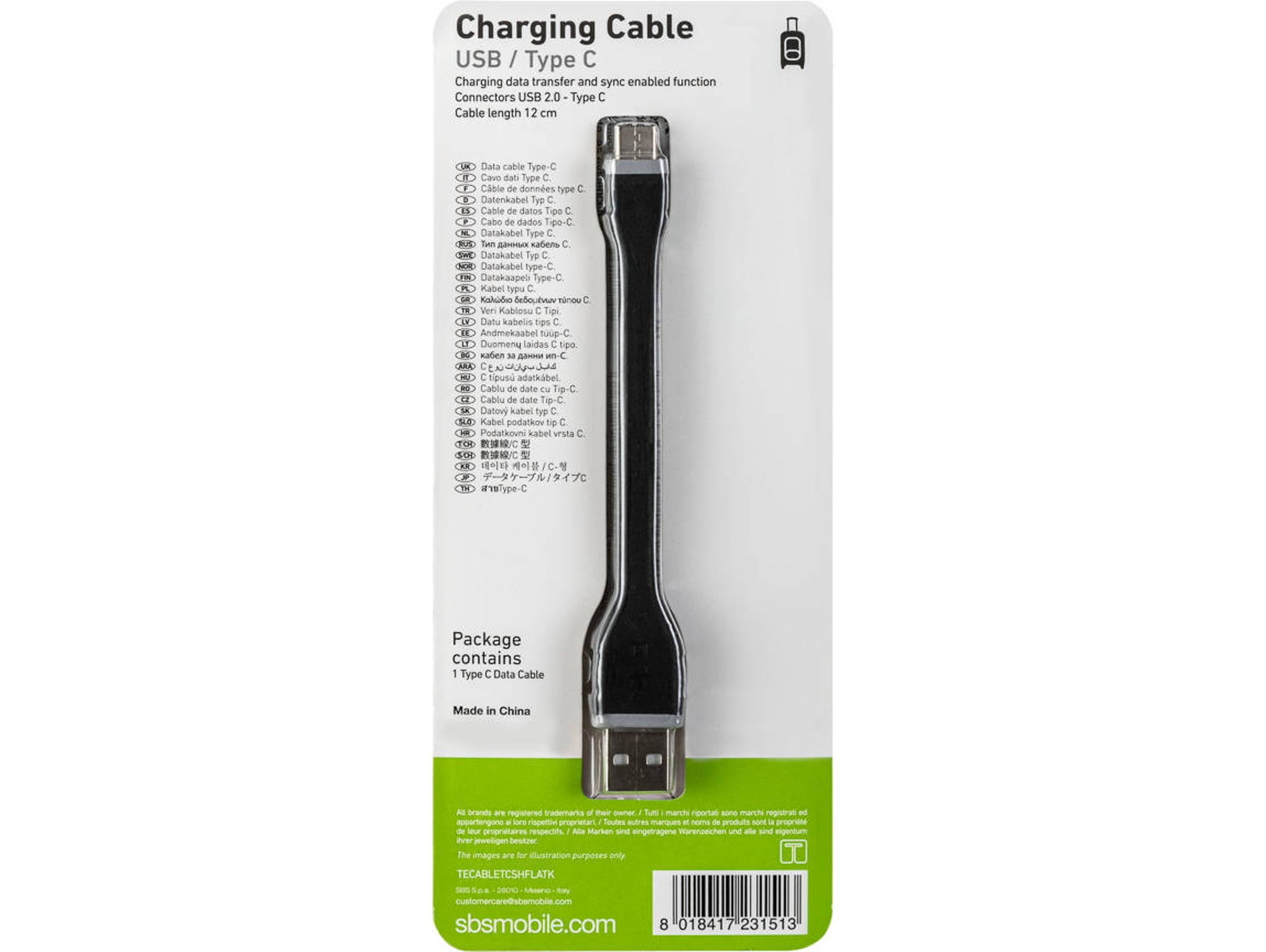 Cable SBS TECABLETCSHFLATK (USB - USB-C - 0.12 m - Negro)