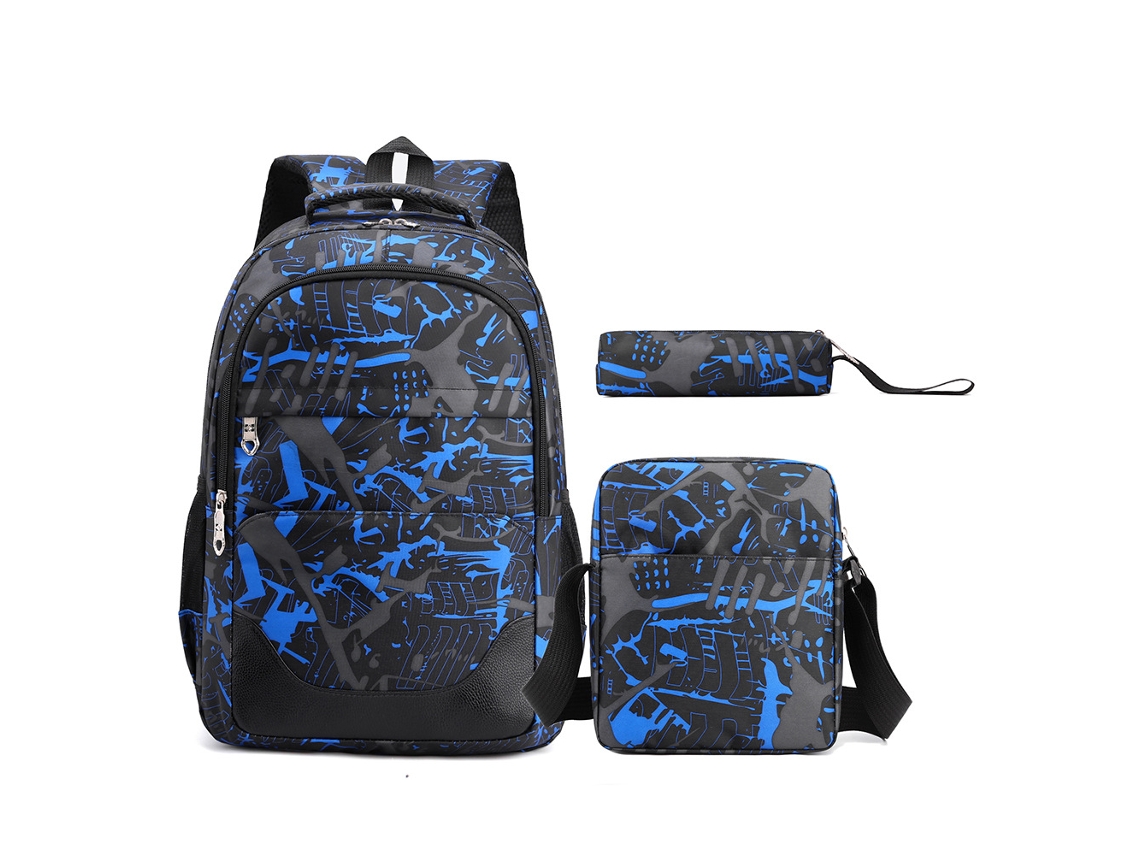 Mochila escolar de tres piezas para hombre y mujer, gran capacidad, azul
