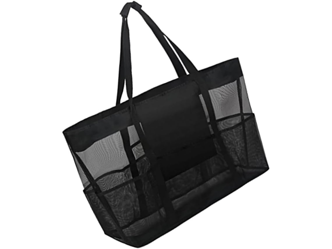 Cesta de playa de malla negra, cesta de almacenamiento portátil para ropa y juguetes de playa, práctica.