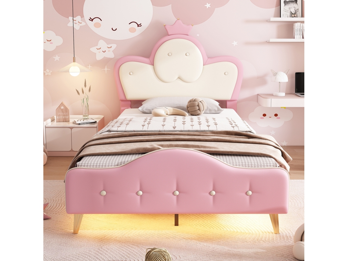 Cama Infantil Acolchada 90x200 Cm En Pu Con Corona, Banda Led Monocromática, Bordes Protectores Suaves Y Somier De Láminas, Rosa
