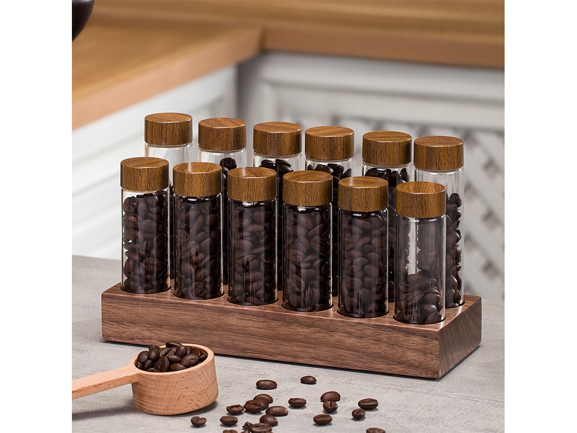 12 Tubos Monodosis Para Almacenar Granos De Café, De Vidrio Borosilicato Con Tapas, Soporte De Madera Y Embudo.