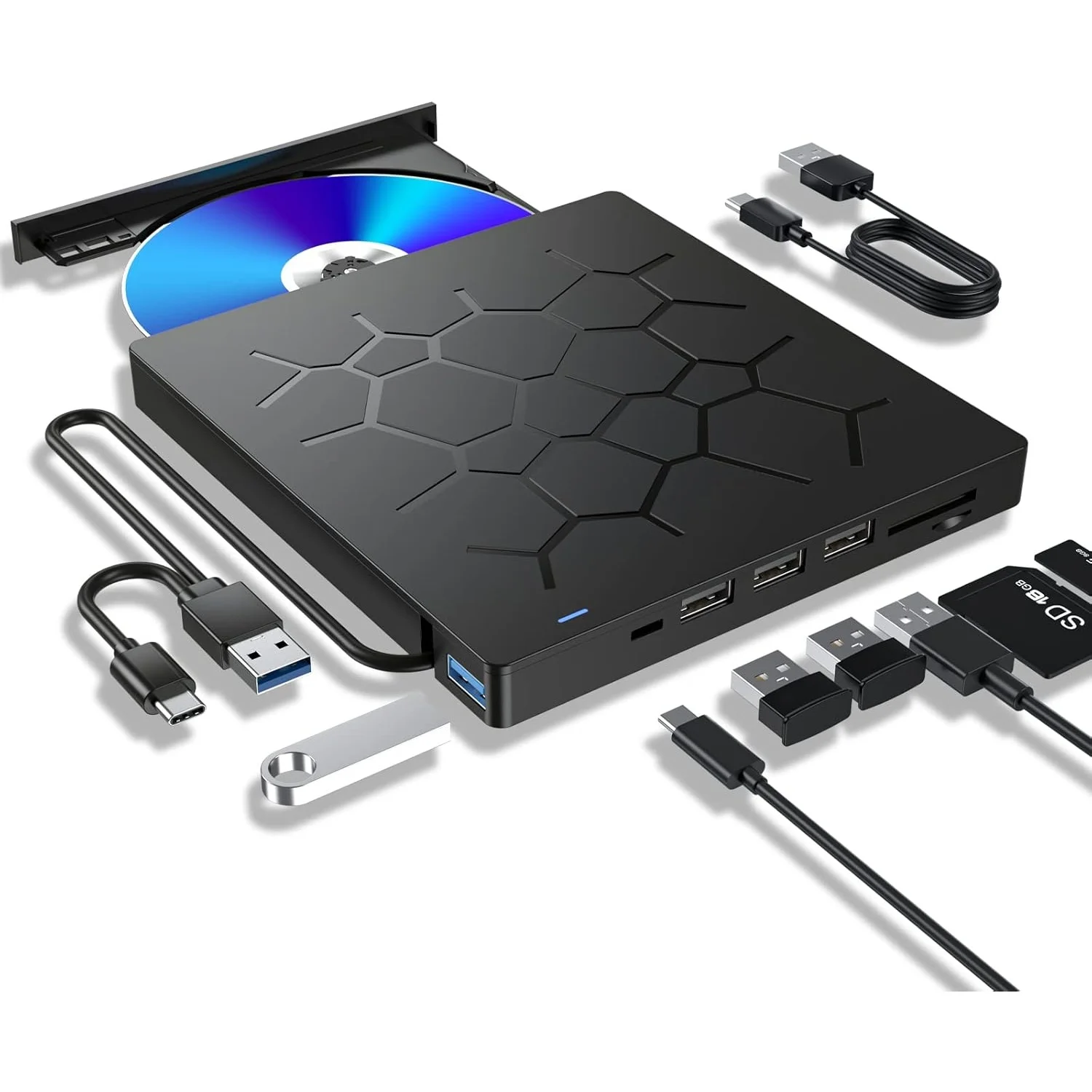 Unidad Externa De Cd/dvd Ultradelgada, Grabadora Usb 3.0 Con 4 Puertos Usb Y Ranura Para Tarjeta Tf/sd, Apta Para Portátiles, Mac Y Pc.