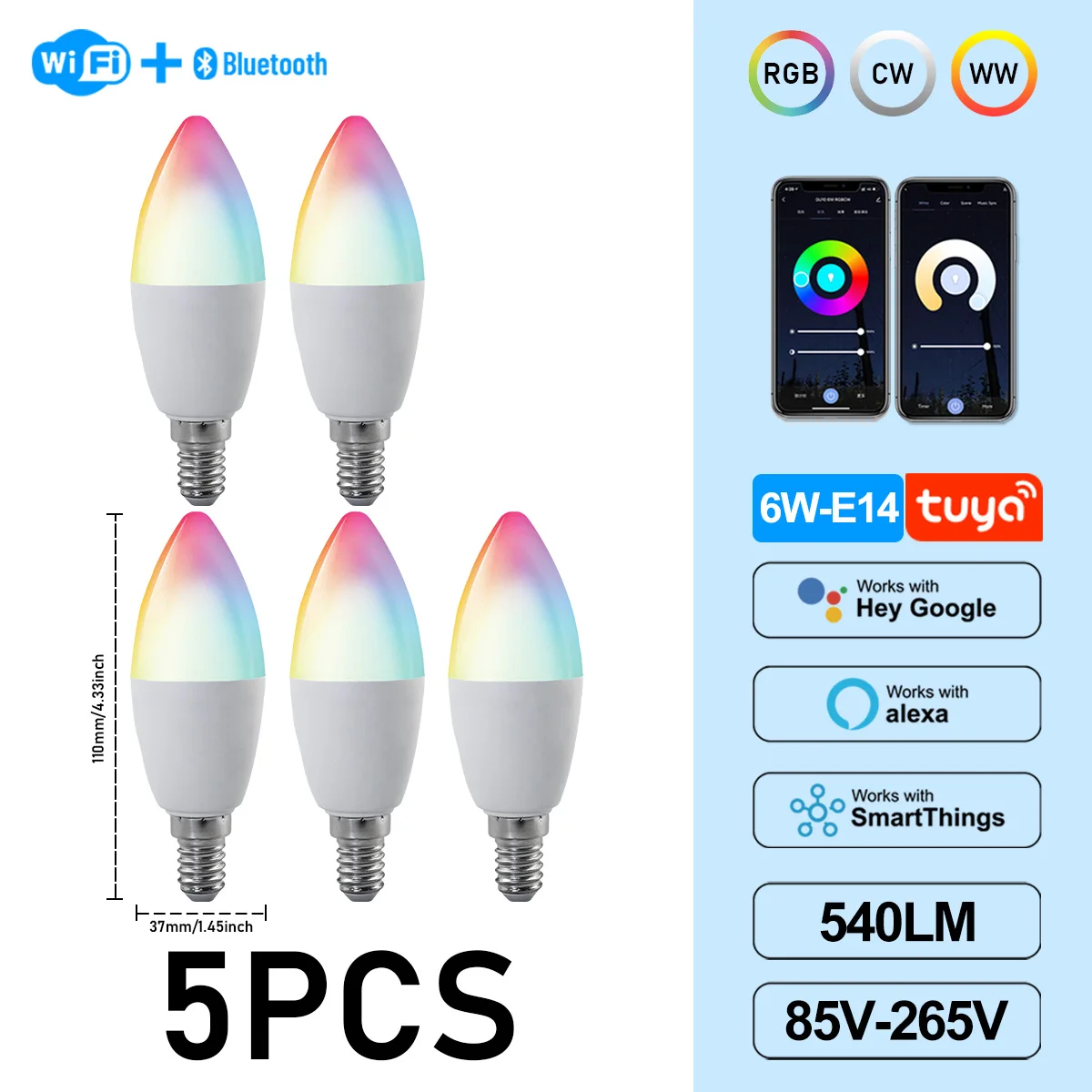 (5 Unidades, Ac85-265v) Bombillas Led Tipo Vela Graffiti De 6w C37 E14, Controladas Por Aplicación, Aptas Para Lámparas De Araña De Cristal.