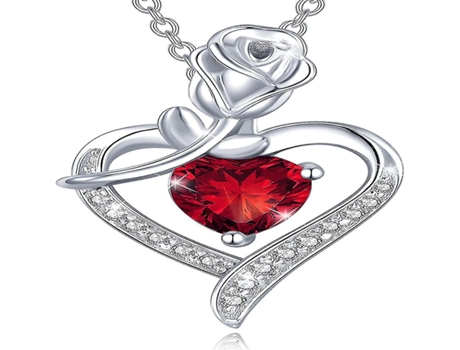 Collar de corazón de plata con colgante de piedra de nacimiento de rosa con piedras preciosas/creadas Gemstones Día de San Valentín B