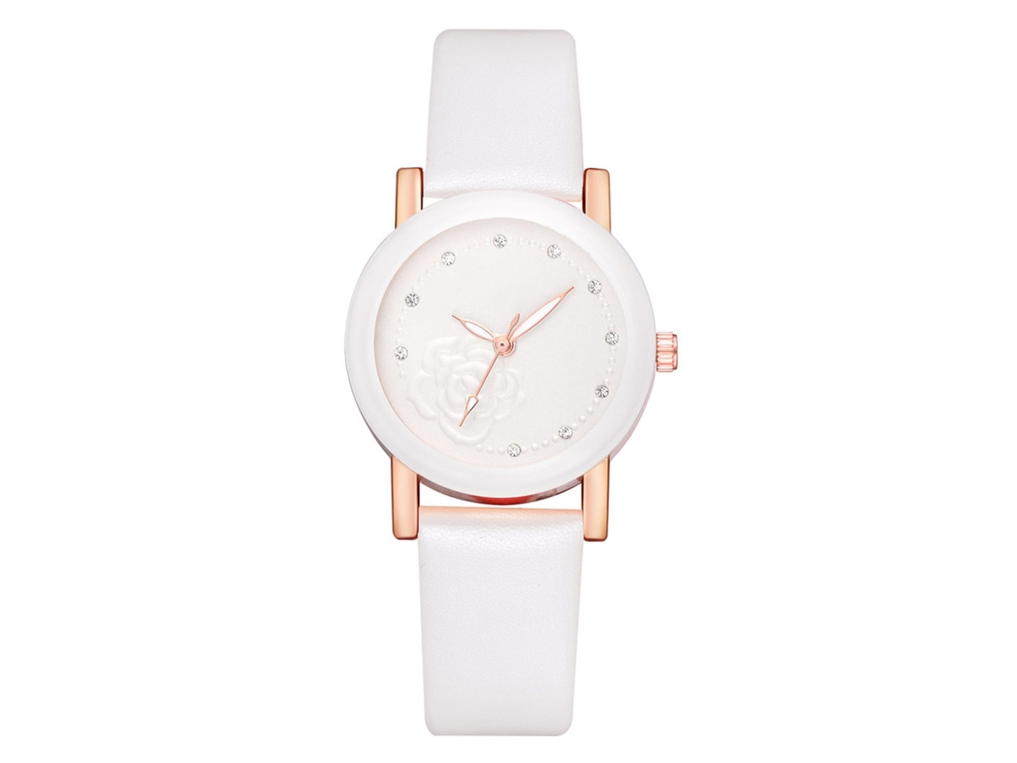 Reloj De Pulsera De Cuarzo Para Mujer Con Diamantes De Imitación Y Estampado Floral, Correa Redonda De Piel Sintética Blanca Informal.