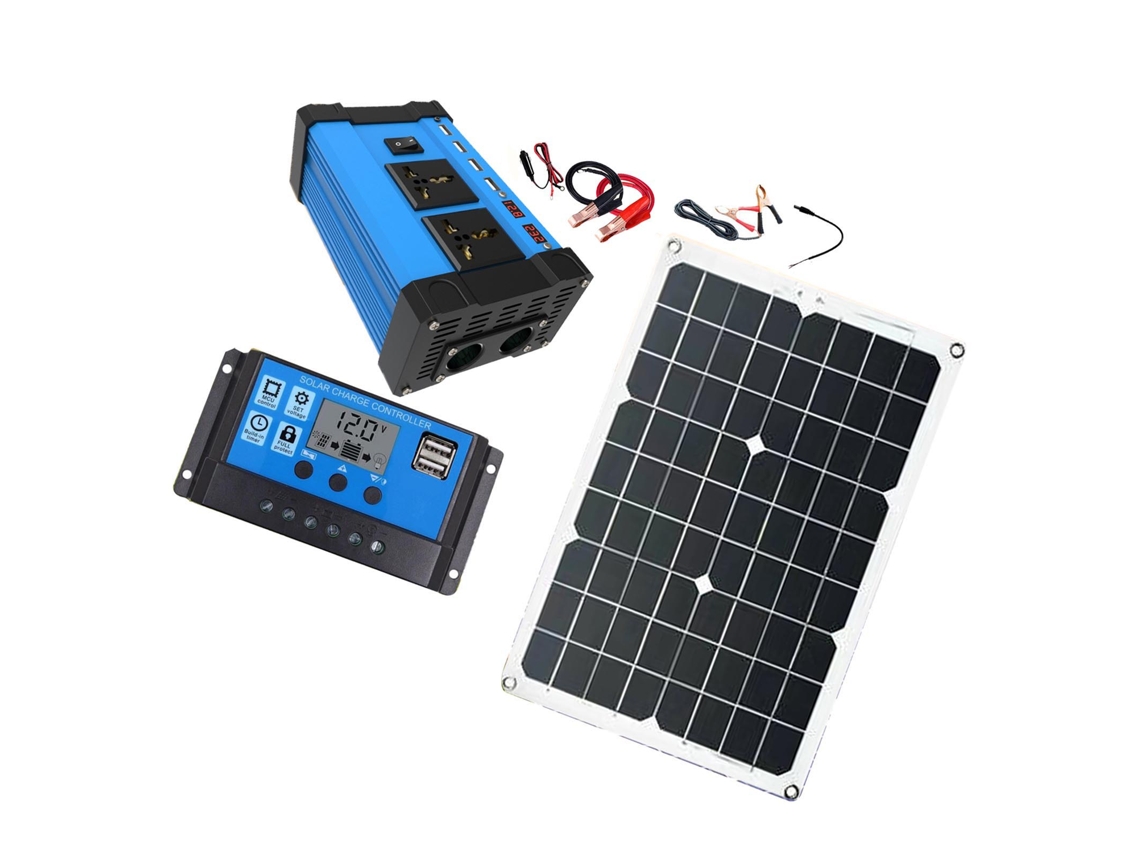 Sistema de generador solar de 300 W, inversor de 12 V a 220 V, panel solar de 18 W y 18 V con controlador.