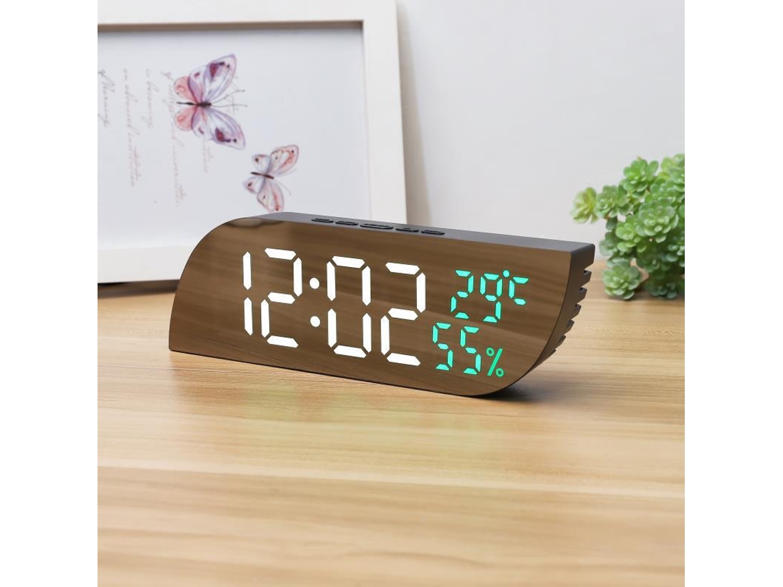 Reloj de noche geométrico con espejo LED, función de repetición y pantalla digital de temperatura y humedad. Ideal para estudiantes. Disponible en blanco y verde. Sfushos