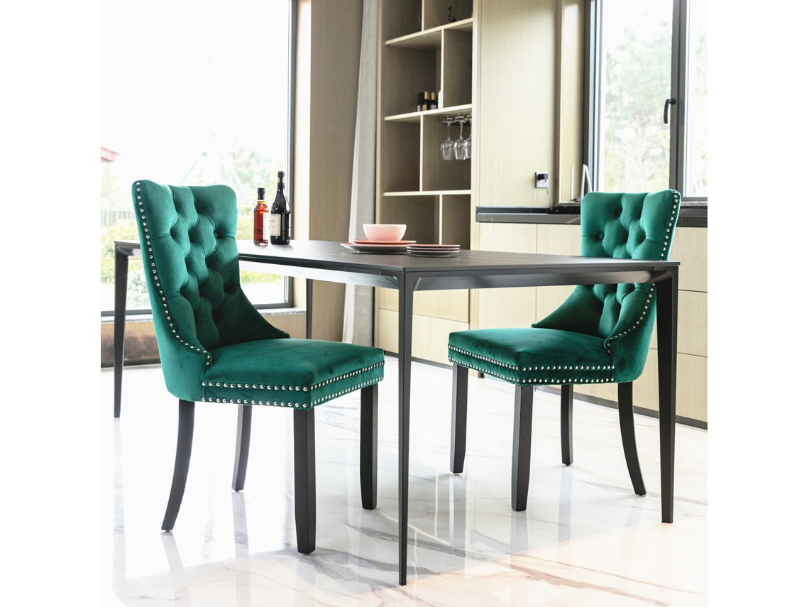 Sillas de comedor, 2 unidades, capitoné de terciopelo, patas de madera, tachuelas Mobrio verdes