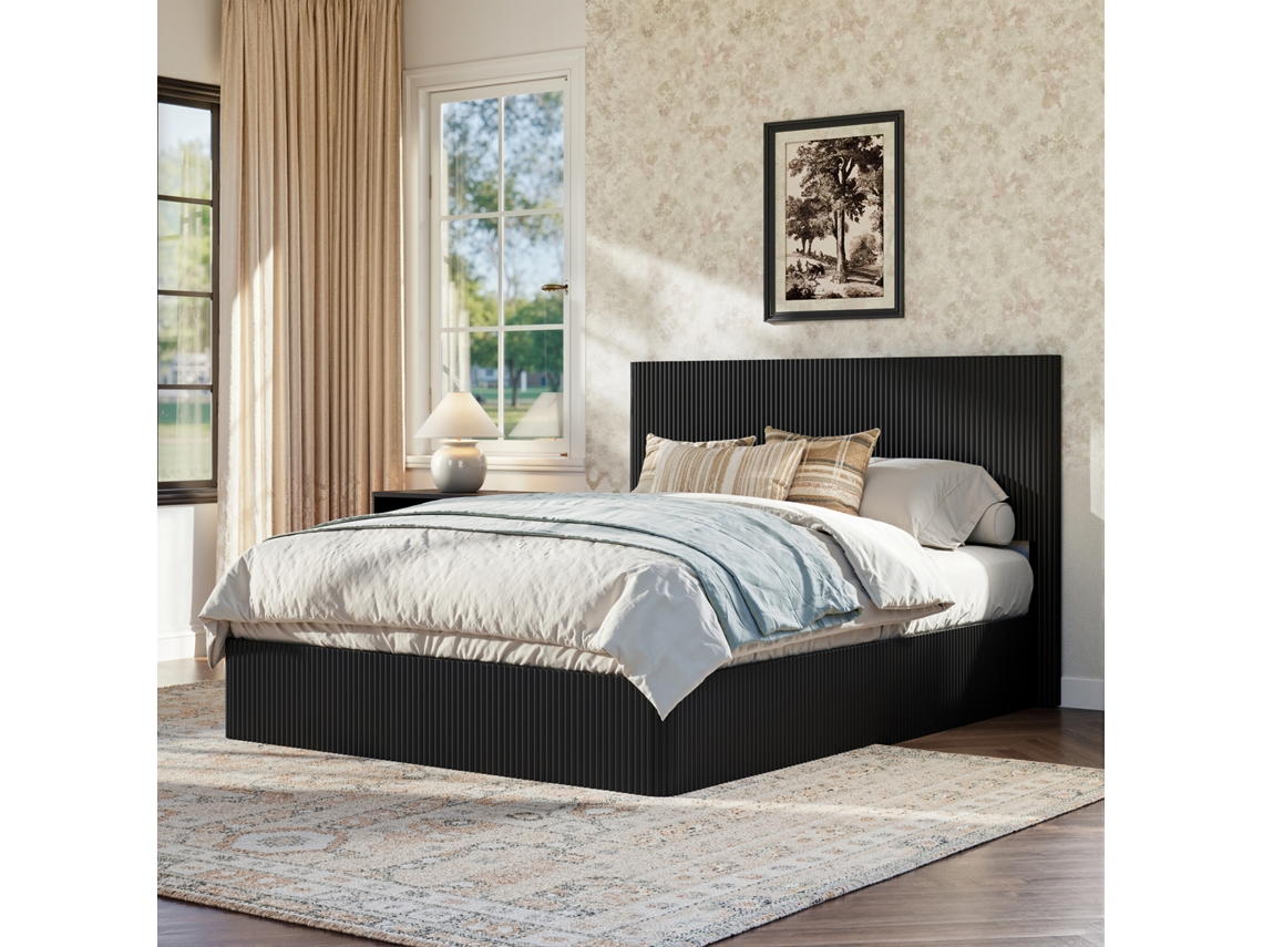 Cama Hidráulica Acanalada Con Listones De Madera Negra, 160x200