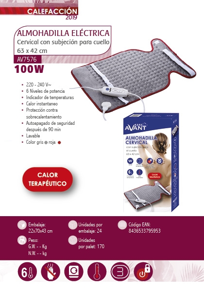 Avant Av7576 Almohadilla 100w 63x42 cm con 6 niveles de potencia y lavable. especial cervical cuello. indicador temperatura calor sobrecalentamiento. grisrojo electrica 100