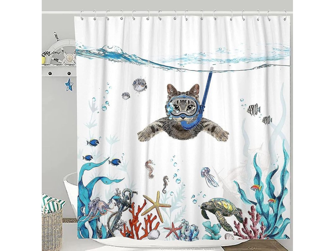 Juego De Cortina De Ducha Con Divertidos Gatos, Azul Turquesa, Océano Marino, 71 X 71 Pulgadas.