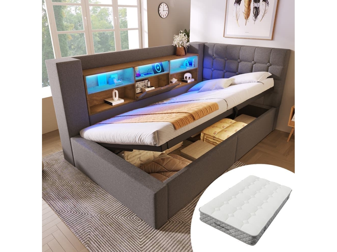 Cama Individual 90x200 – Led, Almacenaje Hidráulico, Cabecero En L Con Estantes – Gris