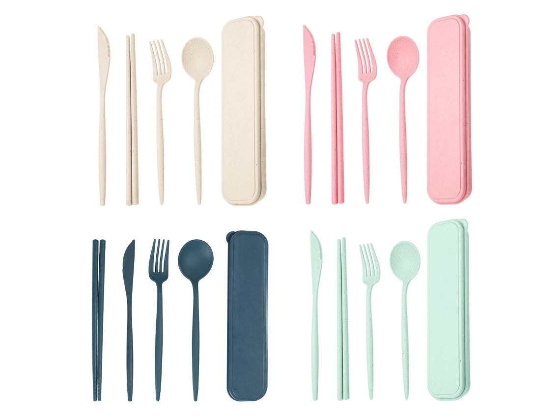 Set de Utensilios Reutilizables - 4 Piezas con Estuche, Cubiertos de Paja de Trigo, Palillos, Cuchillo, Cuchara y Tenedor TRUYUETY