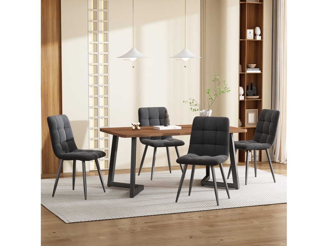 Juego de comedor de 5 piezas con mesa de MDF, acabado en madera y patas de metal negro, 4 sillas tapizadas en terciopelo gris oscuro, estilo
