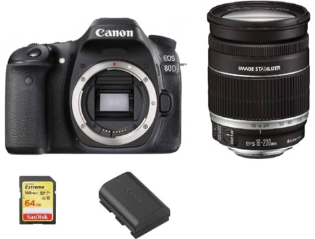 Cámara Reflex CANON EOS 80D + Objectivo EF-S 18-200mm F3.5-5.6 IS + Tarjeta SD 64GB + Batería LP-E6N (APS-C)