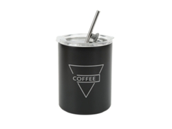 Taza De Café De Acero Inoxidable De 320 Ml (12 Oz) Con Tapa Y Pajita, Portátil, Isotérmica, Negra.