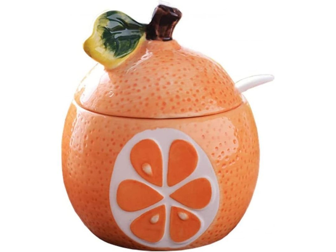 Azucarero De Cerámica Con Tapa Y Cuchara, Con Forma De Fruta, 250 Ml.