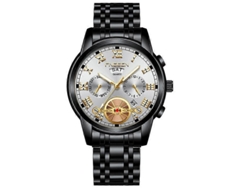 Reloj de cuarzo multifuncional Fngeen 4001 para hombre, color negro, acero blanco, superficie dorada, clavos Hengrongshen