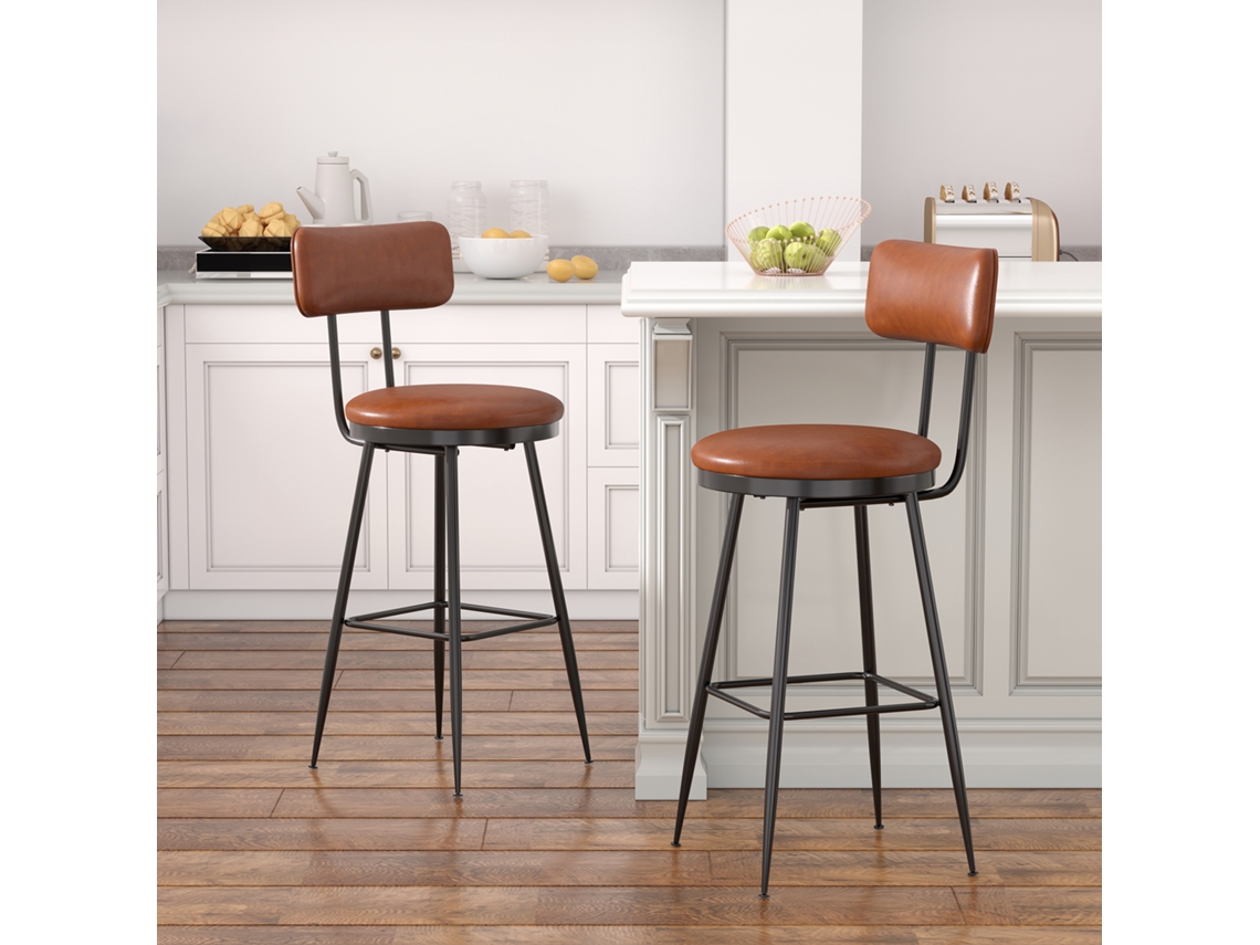 Conjunto De 2 Taburetes De Bar Altos Simurq, Pu Marrón Y Estructura De Metal, 85,5 Cm, Ergonómicos, Para Cocina E Isla