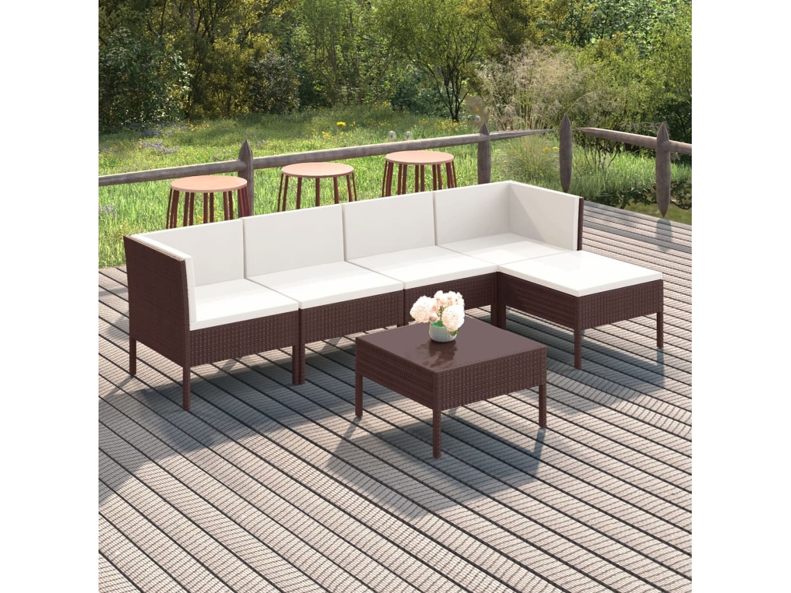 Pcs Conjunto Lounge Jardim C/ Almofadões Vime Pe Castanho Dkd Home Decor