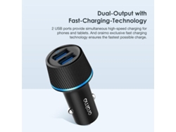 Carregador veicular Oraimo Occ-21d preto com 2 portas USB, carregamento rápido 5V/2.1A e tecnologia exclusiva.