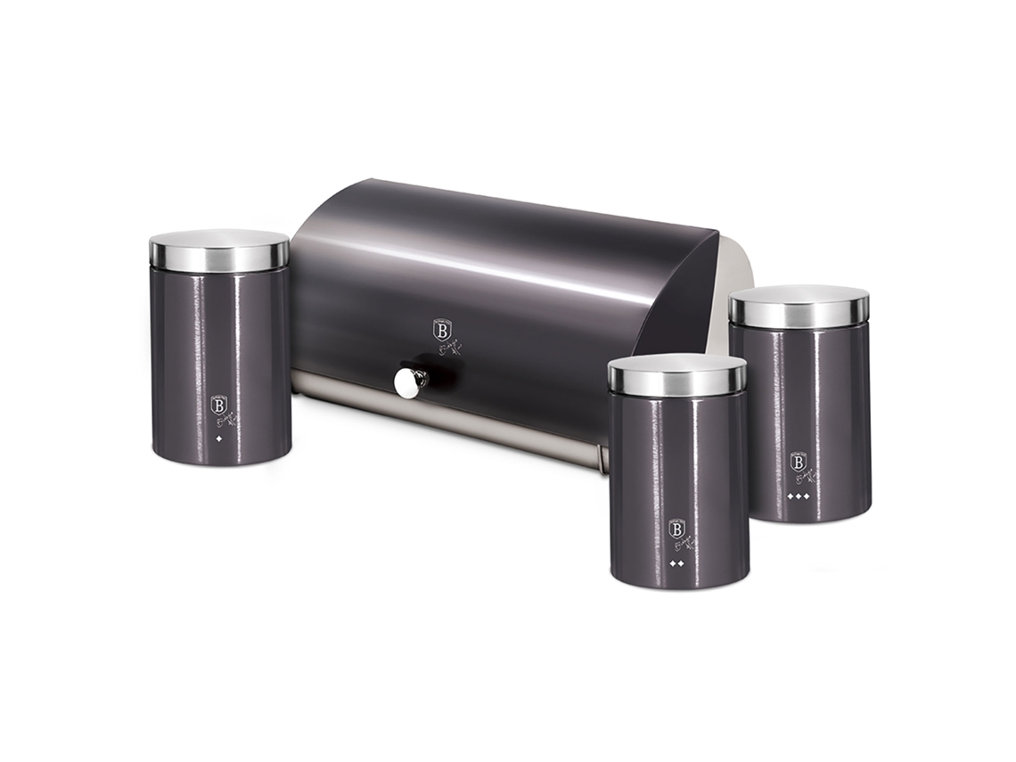 Panera de Mesa +Juego 3 Botes Cocina Almacenaje BERLINGER HAUS Contenedor de Pan con Tapa (Gris - Aço Inoxidável)