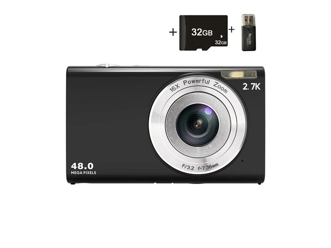 Cámara digital compacta Yizhood de 2,7 k, 48 MP, zoom digital de 16x, tarjeta de 32 GB, color negro
