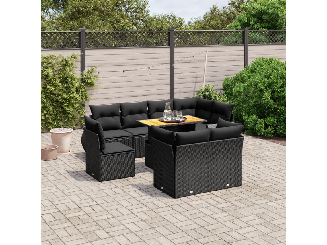 Conjunto de sofá de jardín de 9 piezas con cojines, ratán negro, Dkd Home Decor