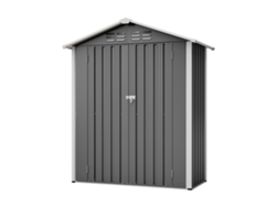 Caseta metálica de jardín de 154 x 83 x 180 cm con orificios de ventilación. Incluye base metálica. Puerta con cerradura. Resistente a la intemperie. Zkaka