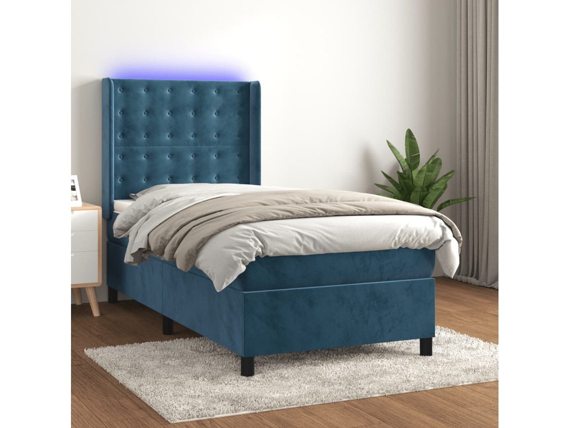 Cama Box Spring Colchón Y Led Terciopelo Azul Oscuro 100x200 Cm