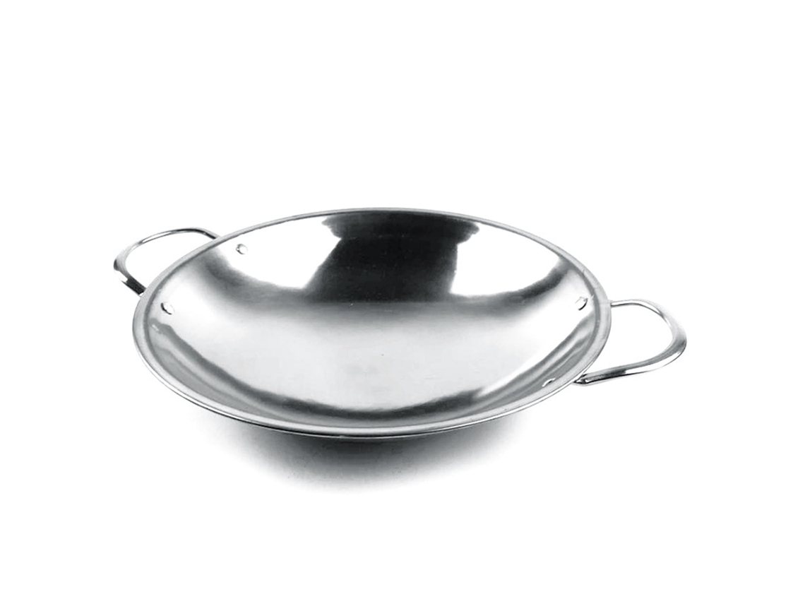 Sartén Seca De Acero Inoxidable Con Doble Asa Y Fondo Redondeado Para Cocinas De Alcohol, 30 Cm.
